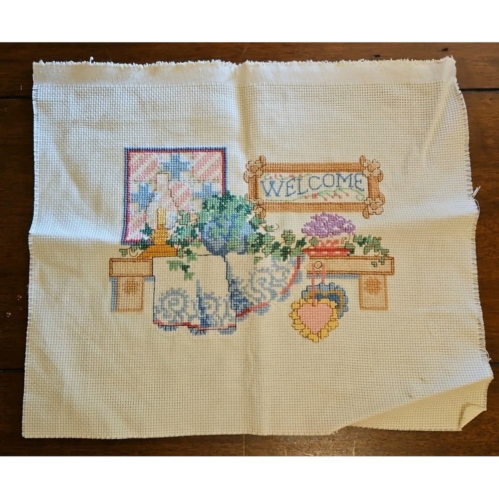 Vtg Dimensions Stitchables Still Life Welcome FINISHED Cross Stitch Piece